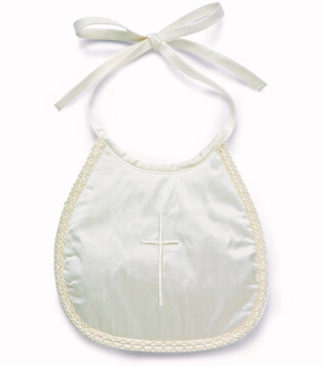 Little Darlings silk christening bib with embroidered cross.