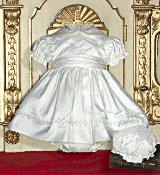 white silk christening dress